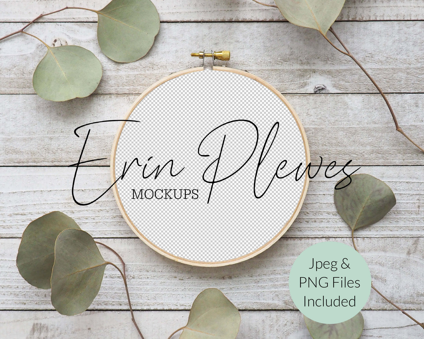 Cross Stitch Mockup, Embroidery hoop mockup with eucalyptus on rustic gray wood, Sewing Mock-up, JPG PNG Digital Download Template
