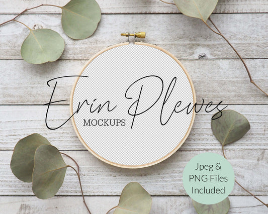 Cross Stitch Mockup, Embroidery hoop mockup with eucalyptus on rustic gray wood,  Sewing Mock-up, JPG PNG Digital Download Template