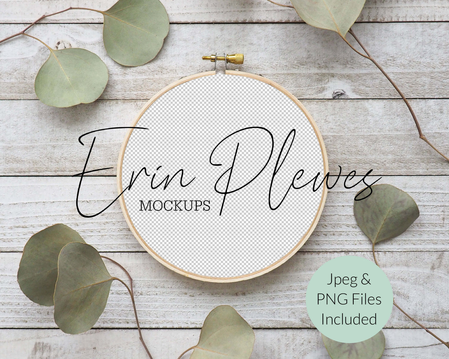 Cross Stitch Mockup, Embroidery hoop mockup with eucalyptus on rustic gray wood,  Sewing Mock-up, JPG PNG Digital Download Template