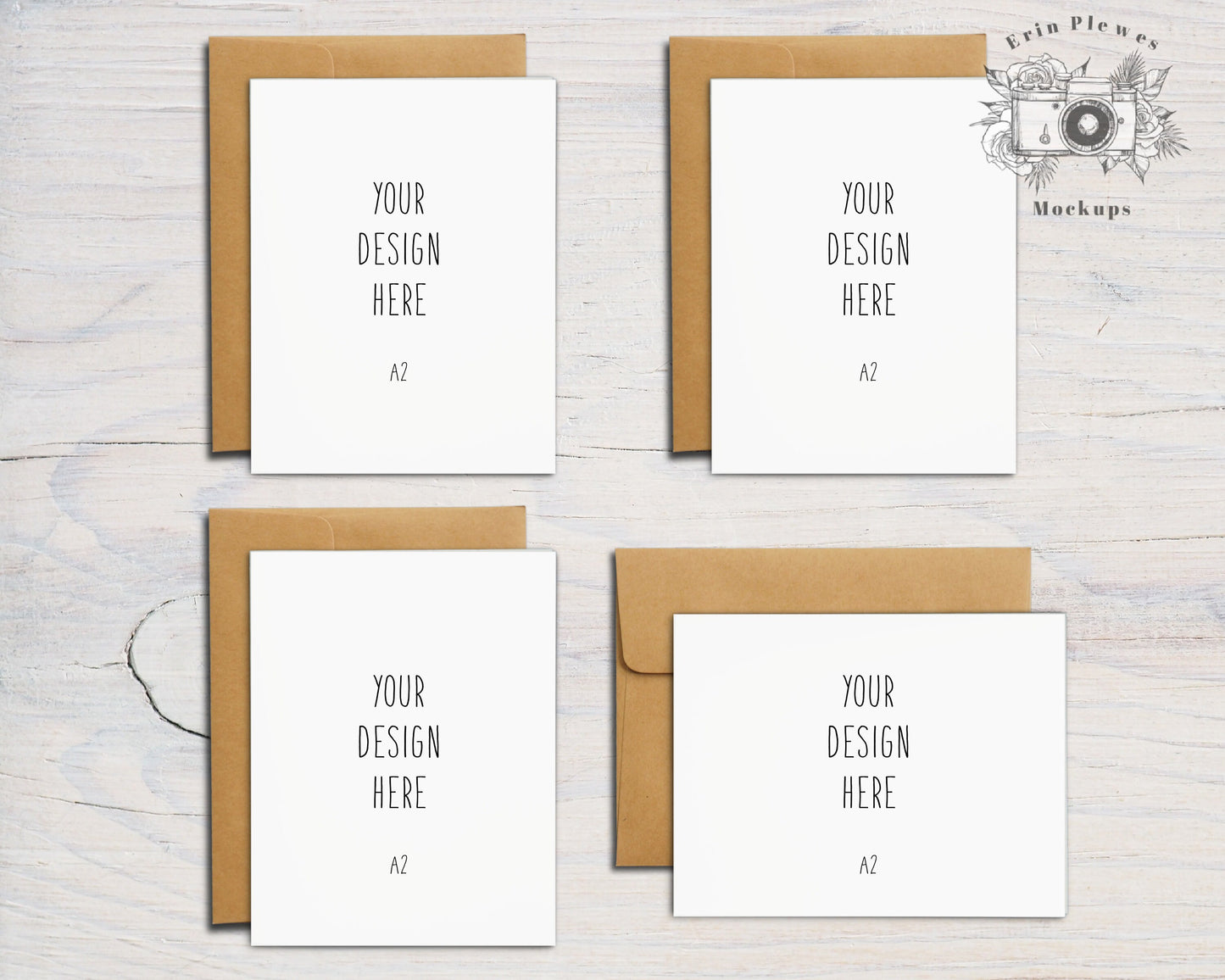 A2 Card Mockup Set with Kraft Envelopes, Front Back Greeting Card Mock Up, Stationery Suite Mock Ups, Jpeg Instant Digital Download