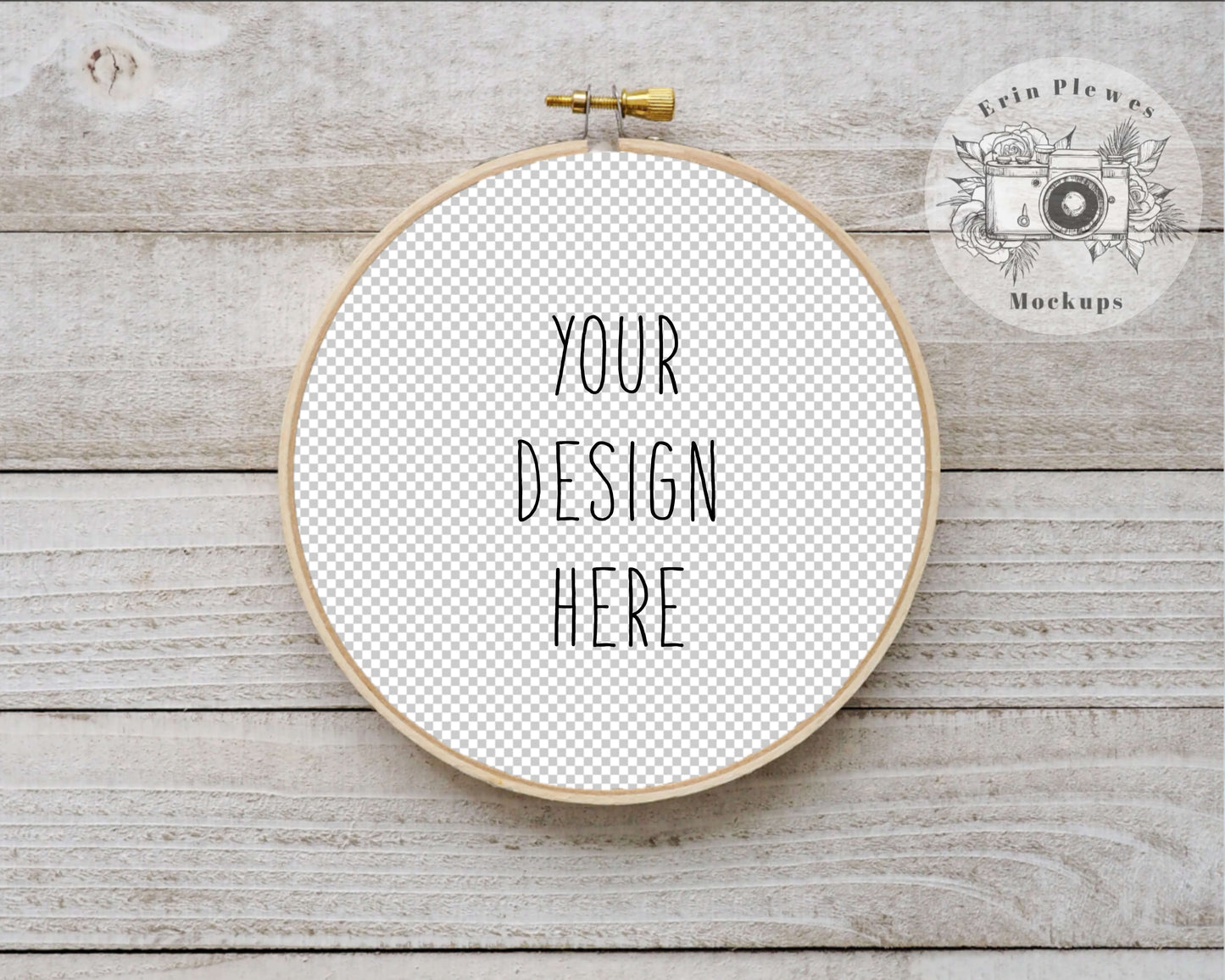 embroidery hoop mockup on rustic shiplap with transparent circle for your design