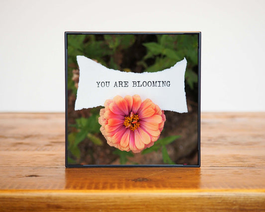 You Are Blooming Zinnia Artwork In Frame on Wood Table Erin Plewes Creative Art