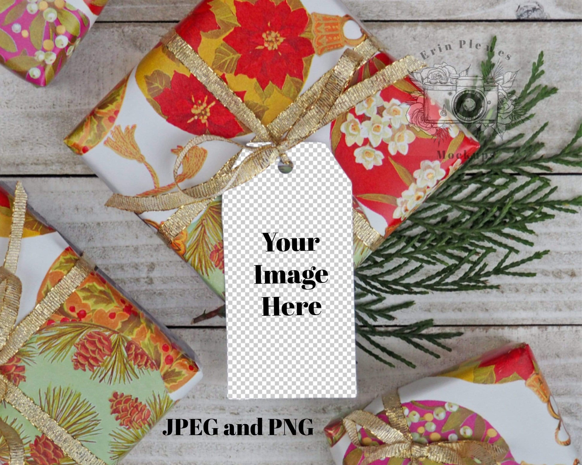Erin Plewes Mockups Mockup Christmas gift tag mockup, Holiday present mock-up with thank you card label for lifestyle photo, JPG and PNG instant Digital Download