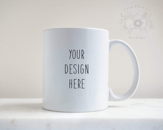 Erin Plewes Mockups Mockup Coffee Mug Mockup, 11 oz Mug Mock Up with White Marble Background, Digital Download Jpeg Minimalist Stock Photography Template