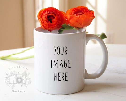 Erin Plewes Mockups Mockup Coffee Mug Mockup, 11oz Mug Mock Up with Flowers, Feminine Stock Photo, White Mug Mock-up for Printful