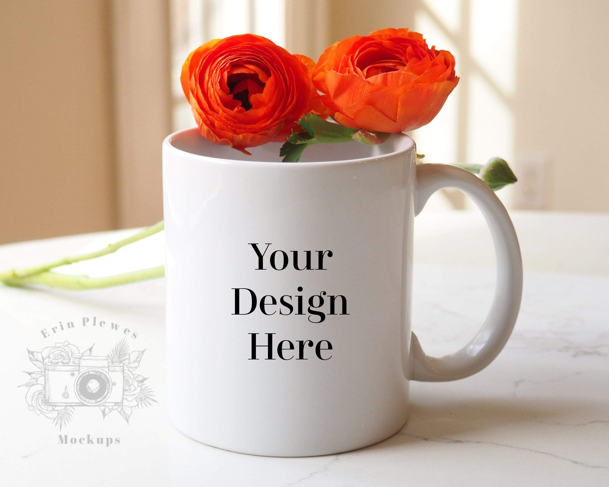 Erin Plewes Mockups Mockup Coffee Mug Mockup, 11oz Mug Mock Up with Flowers, Feminine Stock Photo, White Mug Mock-up for Printful