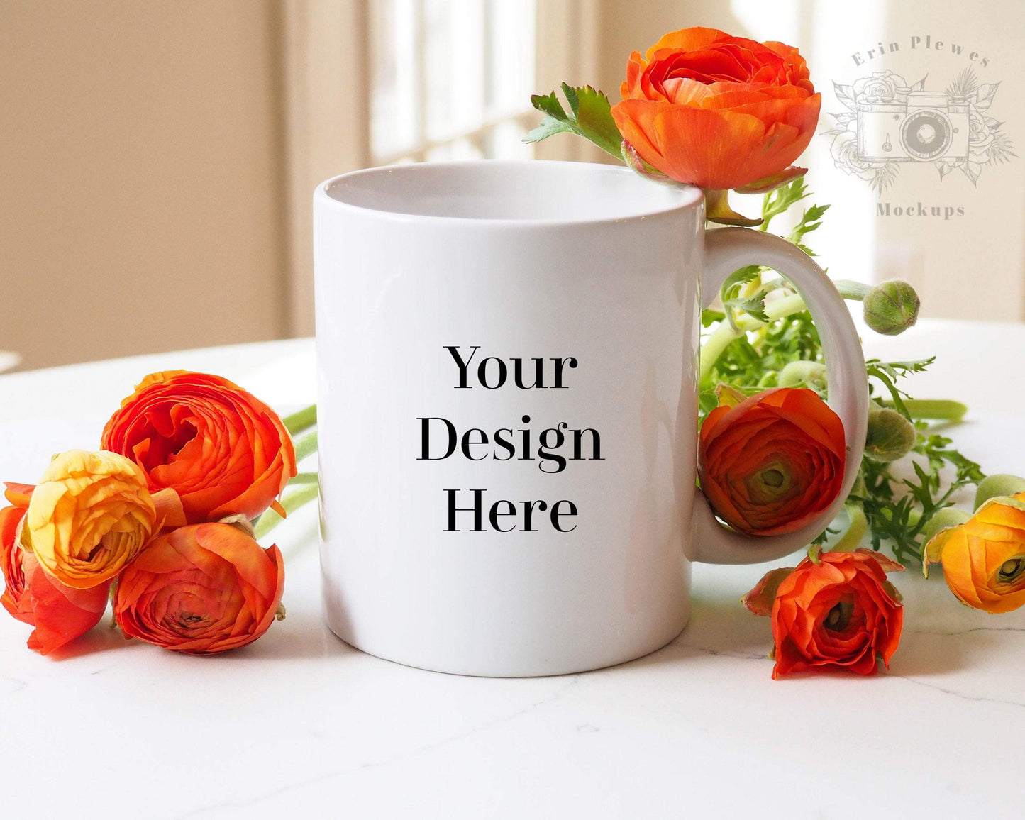 Erin Plewes Mockups Coffee Mug Mockup, 11oz Mug Mockup with Flowers for Mother's Day, Feminine White Mug Stock Photo Instant Digital Download JPEG