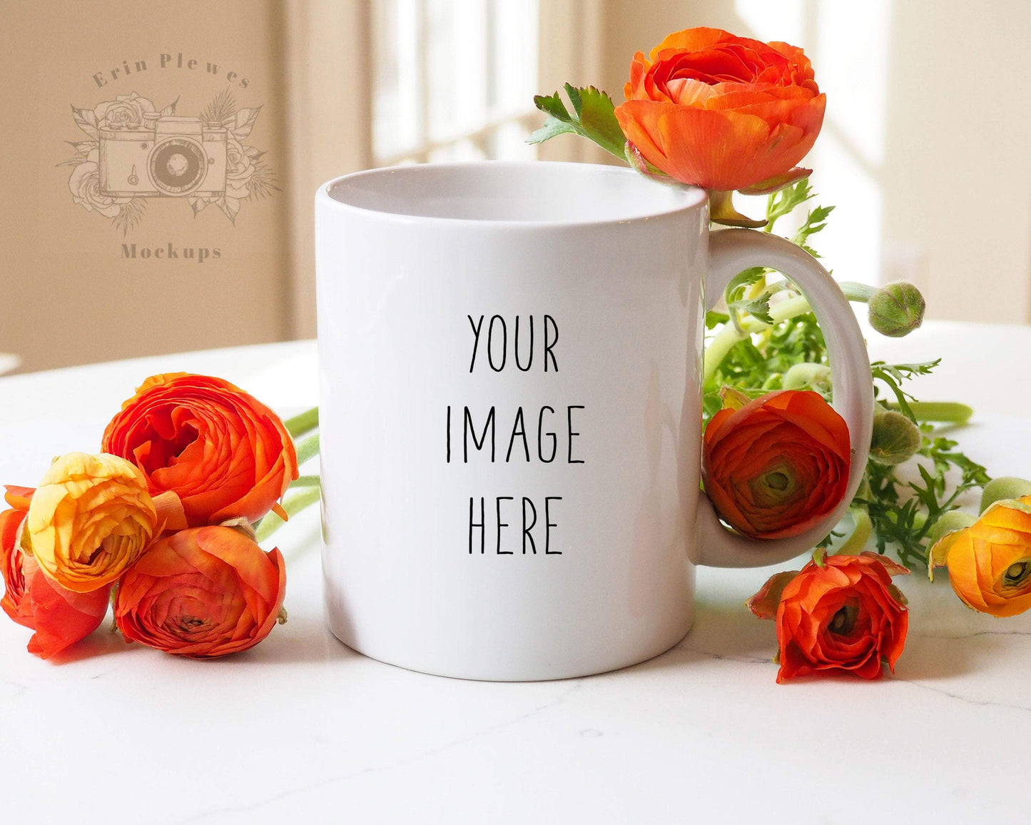Erin Plewes Mockups Coffee Mug Mockup, 11oz Mug Mockup with Flowers for Mother's Day, Feminine White Mug Stock Photo Instant Digital Download JPEG