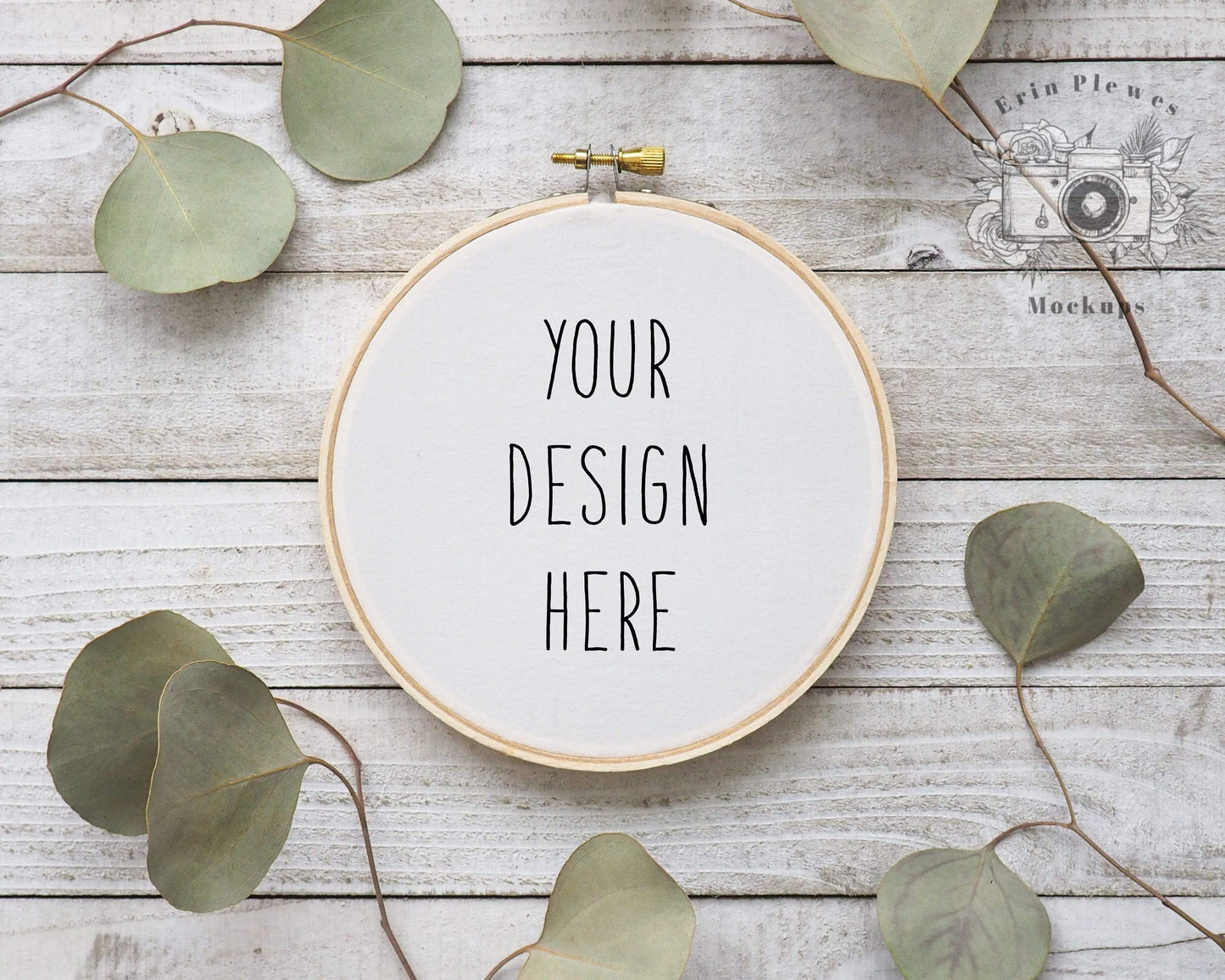 Erin Plewes Mockups Cross Stitch Mockup, Embroidery hoop mockup with eucalyptus on rustic gray wood, Sewing Mock-up, JPG Digital Download Template