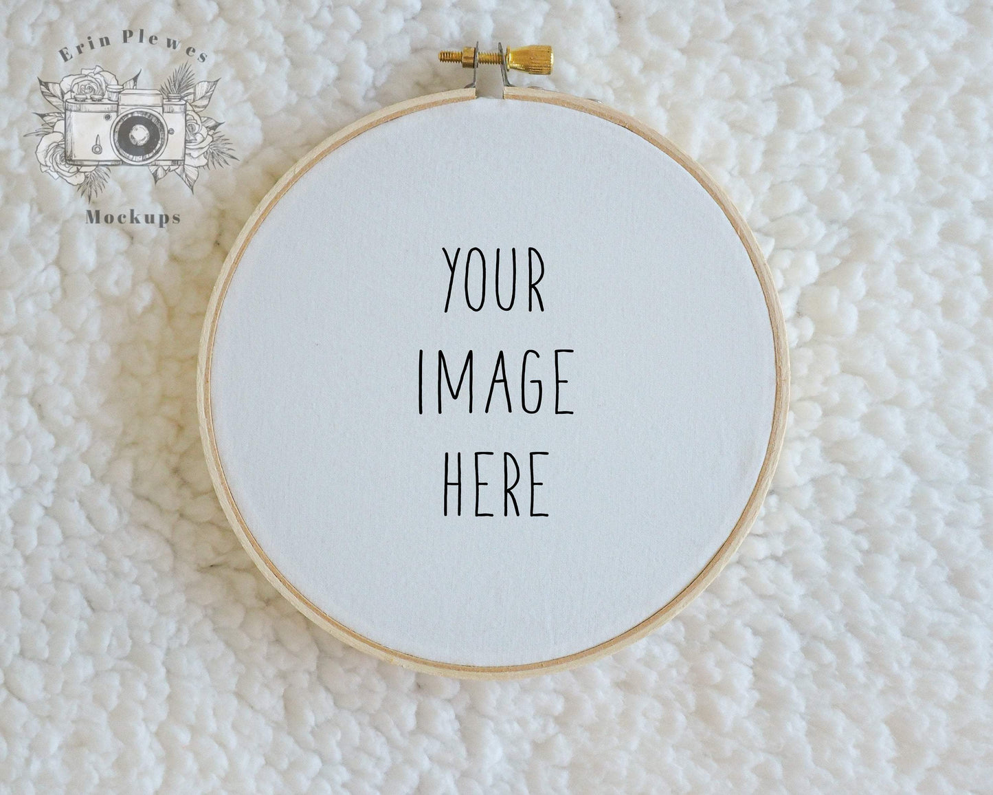 Erin Plewes Mockups Mockup Embroidery Hoop Mockup, Cross Stitch Mockup on White Sherpa Blanket, Sewing Mock-up, Jpeg Digital Download Template