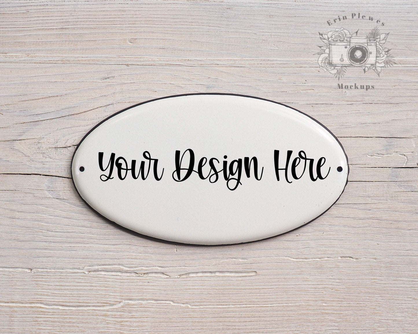 Erin Plewes Mockups Enamel Sign Mockup, Oval Sign Mock-up on White Farmhouse Style Rustic Wood, Minimal Mock Up Jpeg Stock Photo