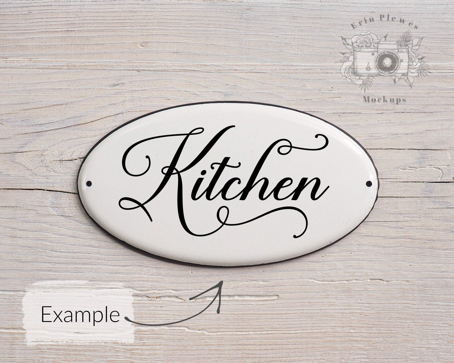 Erin Plewes Mockups Enamel Sign Mockup, Oval Sign Mock-up on White Farmhouse Style Rustic Wood, Minimal Mock Up Jpeg Stock Photo