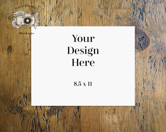 Erin Plewes Mockups 8.5x11 Print Mockup, Poster mockup 8.5 x 11 on rustic brown wood background, Letter Sized Landscape Paper Mock-up