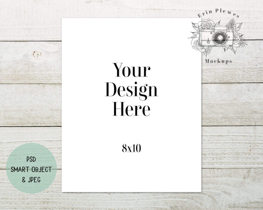 Erin Plewes Mockups 8x10 Print Mockup Smart Object, Poster Mock Up on Farmhouse Rustic Wood, 8"x10" Stationery Flatlay, PSD Smart Object Digital Download