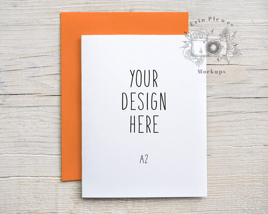 Erin Plewes Mockups A2 Card mockup with bright orange envelope, Thank you card mock up vertical, Birthday card envelope mock-up, Jpeg Instant Digital Download