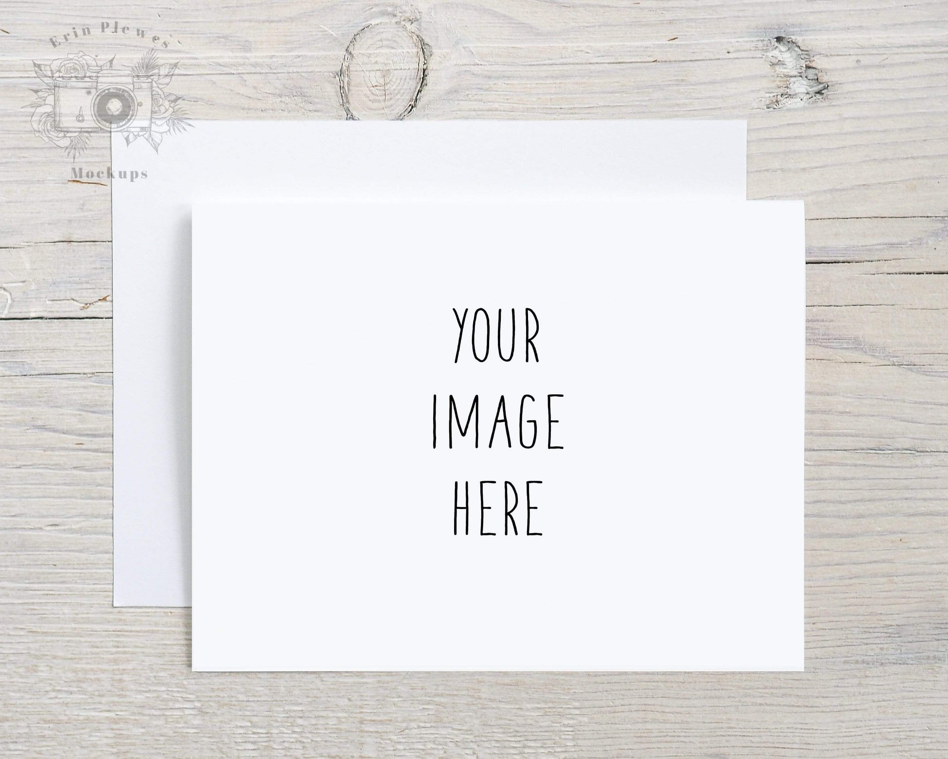 Erin Plewes Mockups A2 card mockup with white envelope, Invitation mock-up on rustic white washed wood, Jpeg Instant Digital Download Template