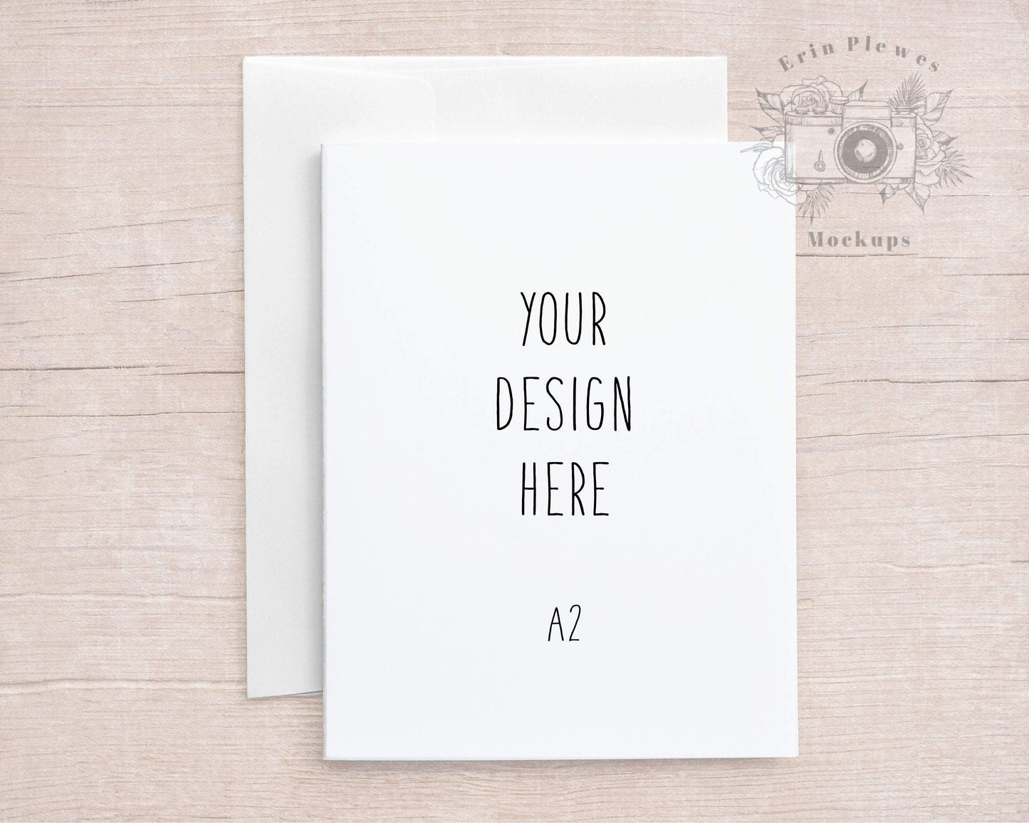 Erin Plewes Mockups A2 Card Mockup with White Envelope on Beige Wood, Thank You Card Mock Up, Invite Flat Lay for Rustic Wedding, Jpeg Instant Digital Download
