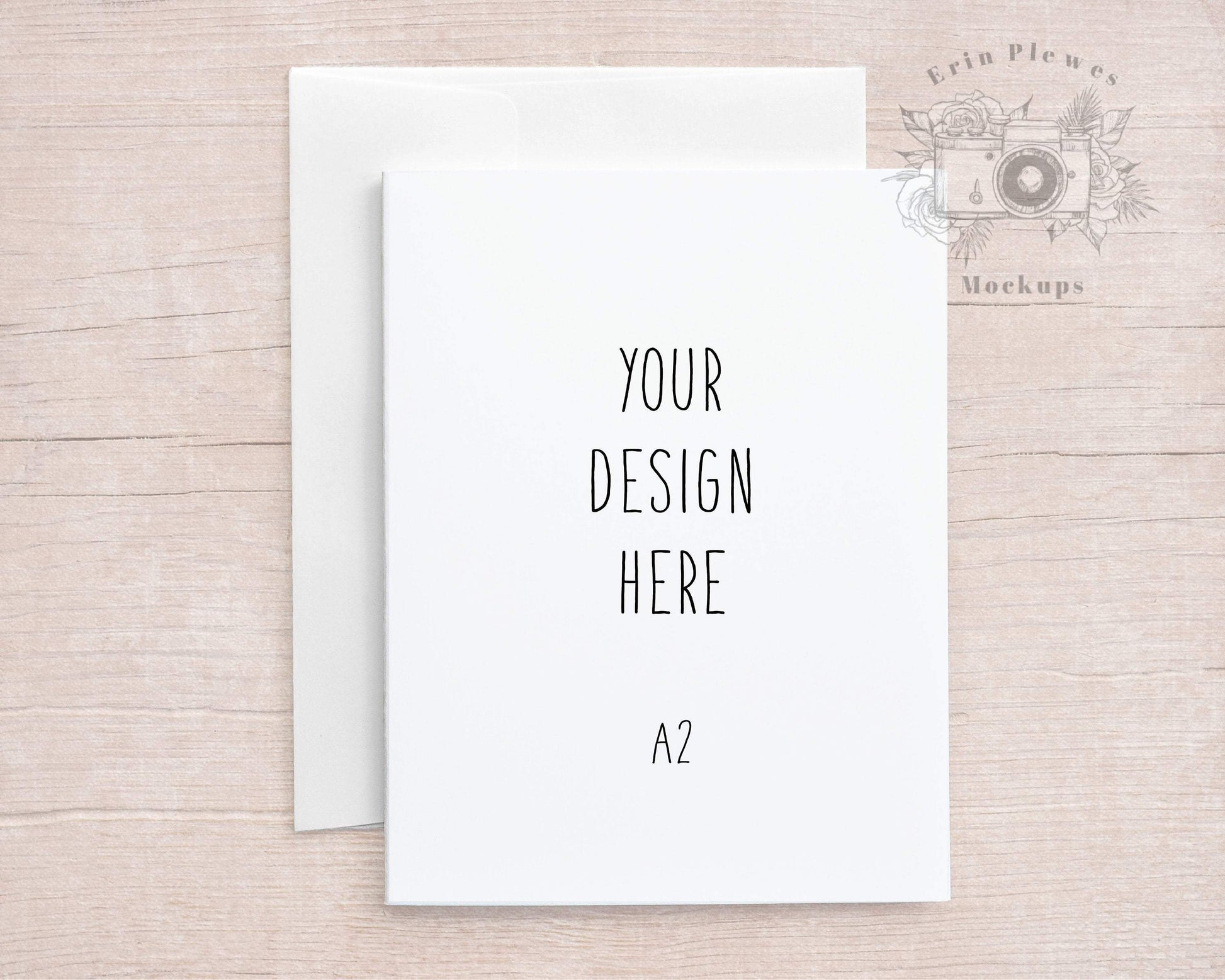 Erin Plewes Mockups A2 Card Mockup with White Envelope on Beige Wood, Thank You Card Mock Up, Invite Flat Lay for Rustic Wedding, Jpeg Instant Digital Download