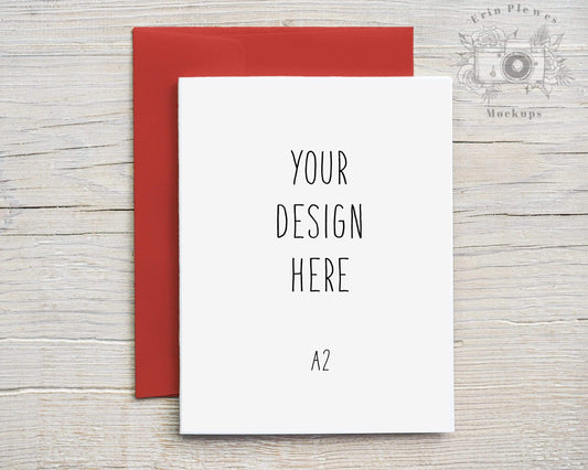 Erin Plewes Mockups A2 Greeting card mockup with red envelope, Thank you card mock-up for rustic Christmas and lifestyle photo, Jpeg Instant Digital Download