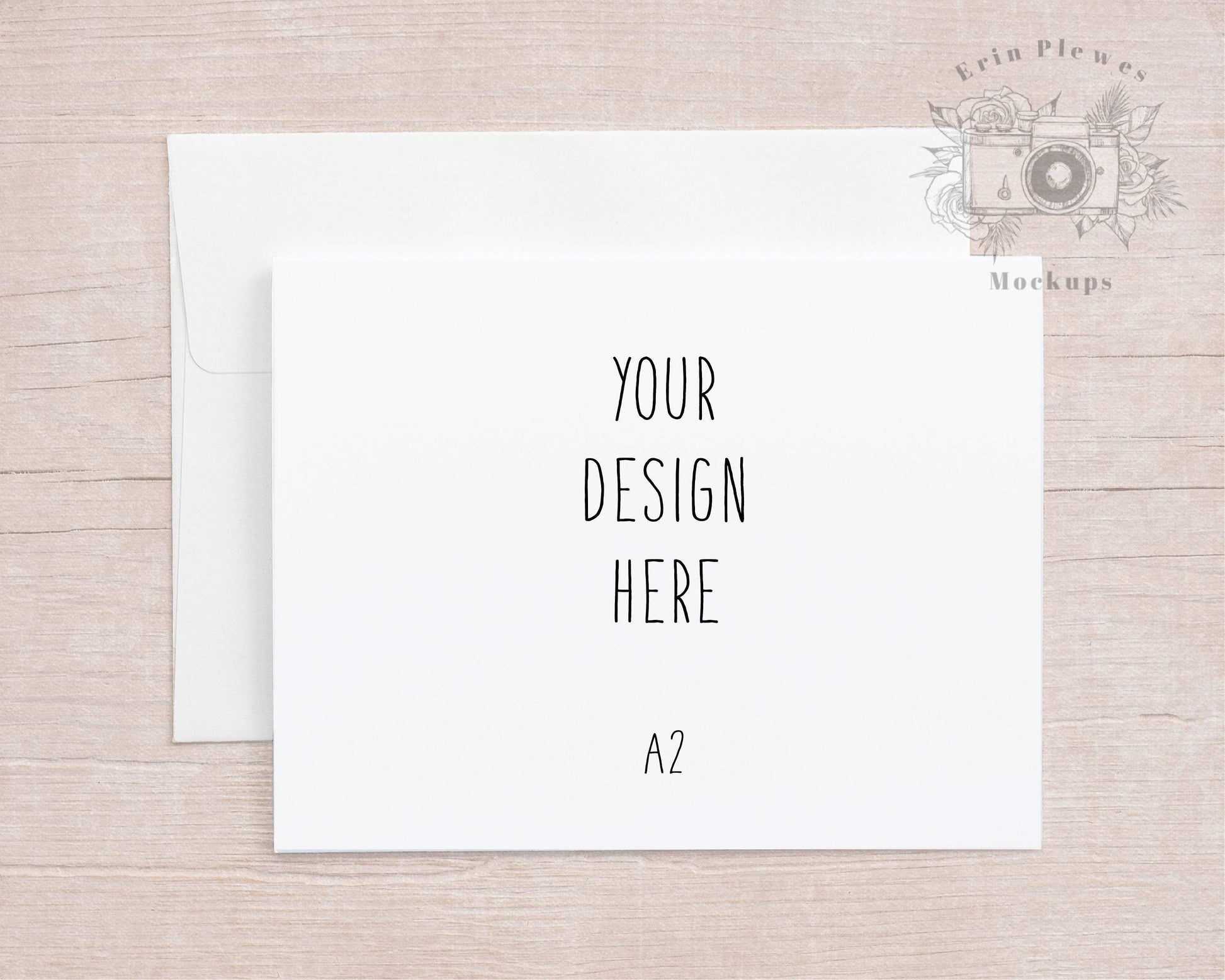 Erin Plewes Mockups A2 Greeting Card Mockup with White Envelope on Beige Wood, Thank You Card Mock Up for Rustic Wedding A-2, Jpeg Instant Digital Download