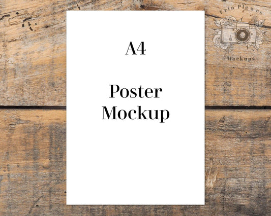 Erin Plewes Mockups A4 Poster Mockup, Print mockup on brown farmhouse rustic wood, Clean minimal mock up Jpeg Instant Digital Download