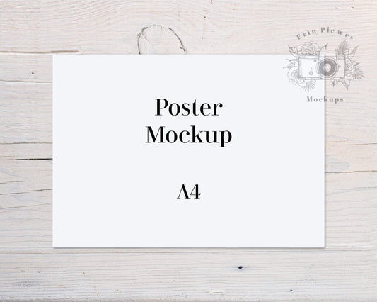 Erin Plewes Mockups A4 Print Mockup, Horizontal poster mockup on white farmhouse rustic wood , Clean minimal mock up Jpeg Instant Digital Download Template