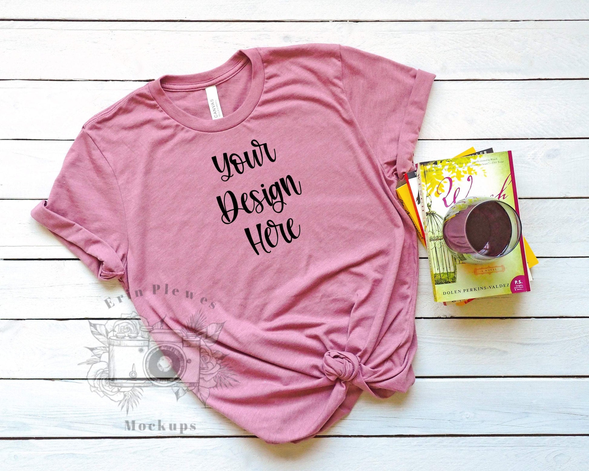 Erin Plewes Mockups Bella Canvas 3001 Mauve Flat Lay Mockup, Bella Canvas Mockup, Tshirt Mockup, Tshirt and Wine Mockup, Pink T-shirt Flat Lay Mock up