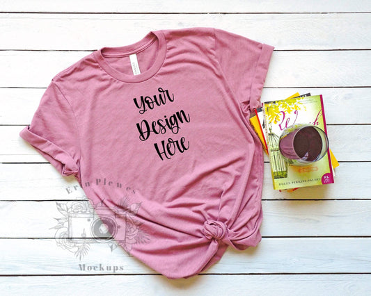 Erin Plewes Mockups Bella Canvas 3001 Mauve Flat Lay Mockup, Bella Canvas Mockup, Tshirt Mockup, Tshirt and Wine Mockup, Pink T-shirt Flat Lay Mock up