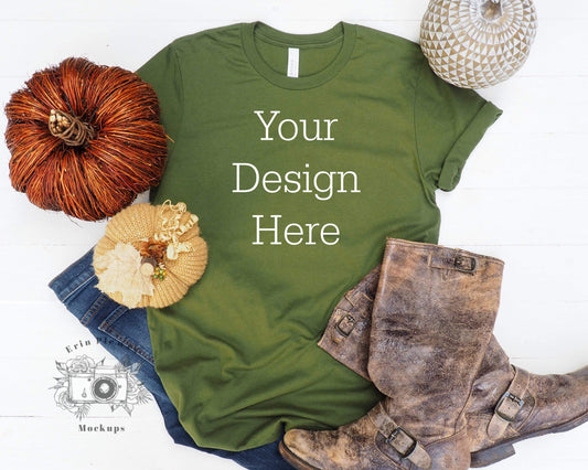 Erin Plewes Mockups Bella Canvas 3001 Mockup, Olive Green T-Shirt Mockup, Autumn Flatlay Mock Up, Fall Styled T Shirt Mock-up JPG Template