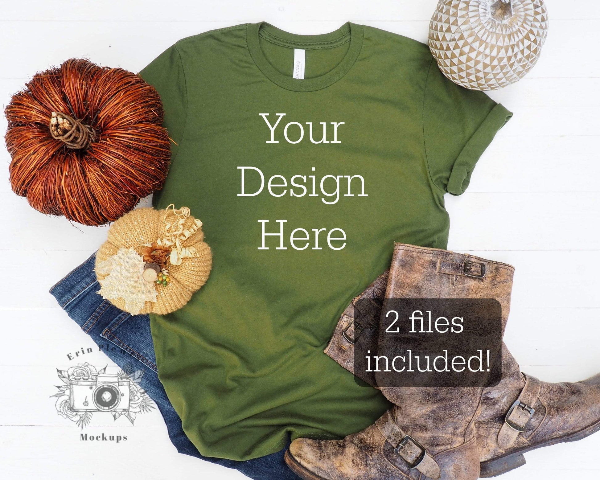 Erin Plewes Mockups Bella Canvas 3001 Mockup, Olive Green T-Shirt Mockup, Autumn Flatlay Mock Up, Fall Styled T Shirt Mock-up JPG Template