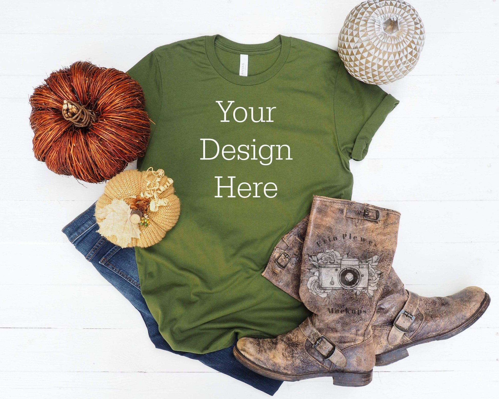 Erin Plewes Mockups Bella Canvas 3001 Mockup, Olive Green T-Shirt Mockup, Autumn Flatlay Mock Up, Fall Styled T Shirt Mock-up JPG Template