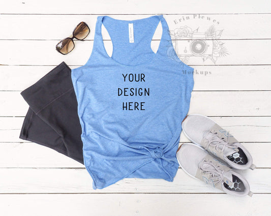 Erin Plewes Mockups Bella Canvas 8430 Tank Mockup, Bella Canvas Blue 8430 T Shirt Mockup, Workout Flat Lay Mock Up, Digital Download Jpeg