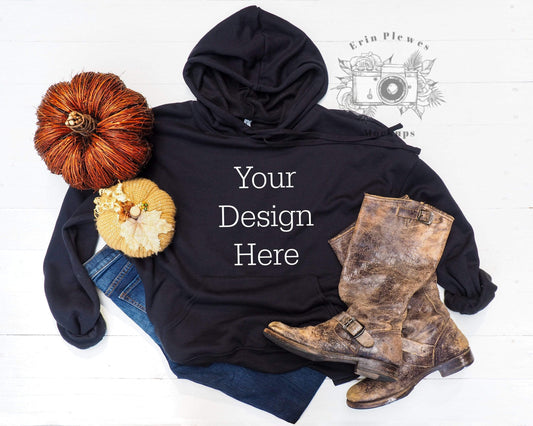 Erin Plewes Mockups Bella Canvas Hoodie Mockup, Sweatshirt mockup flat lay with rustic boots and fall pumpkins, Autumn styled hoodie mock-up