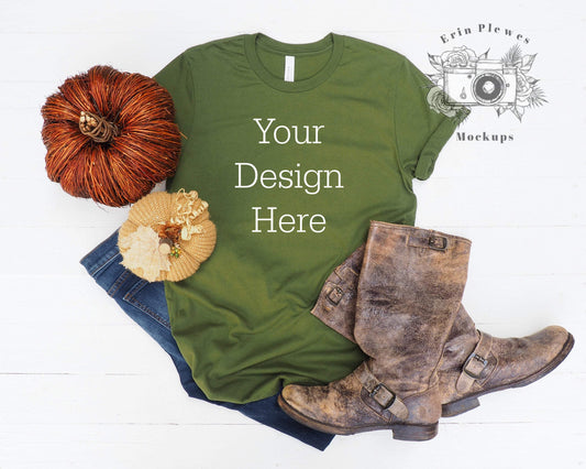Erin Plewes Mockups Bella Canvas Mockup, Green Bella Canvas 3001 T-Shirt Mockup, Fall Flatlay Mock Up, Autumn Styled T Shirt Mock-up
