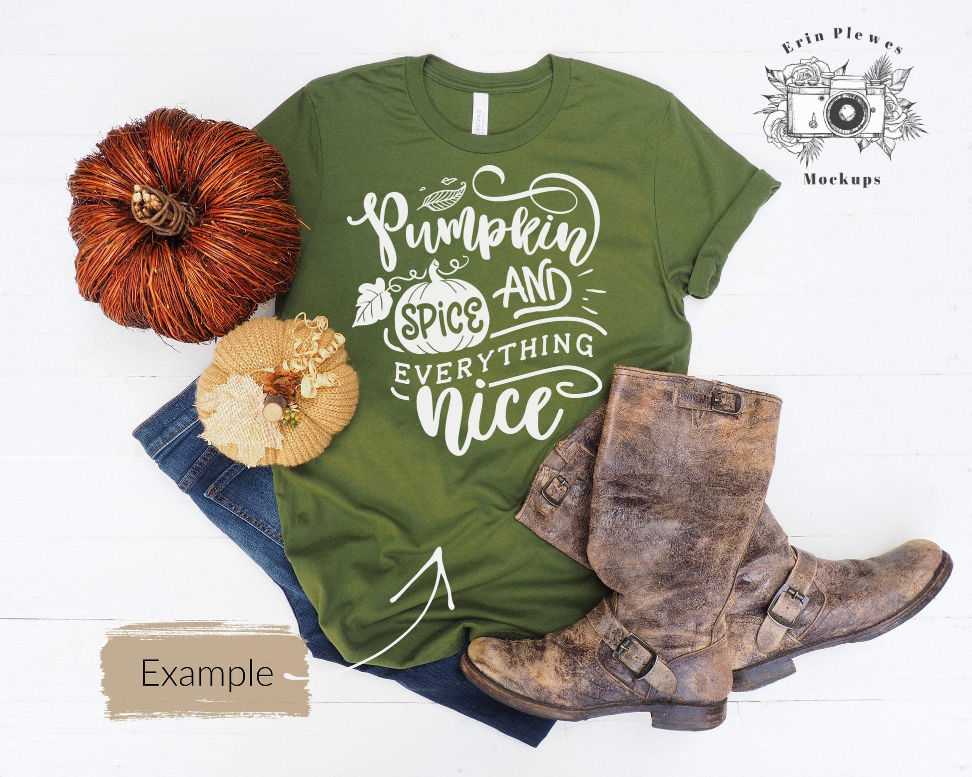 Erin Plewes Mockups Bella Canvas Mockup, Green Bella Canvas 3001 T-Shirt Mockup, Fall Flatlay Mock Up, Autumn Styled T Shirt Mock-up