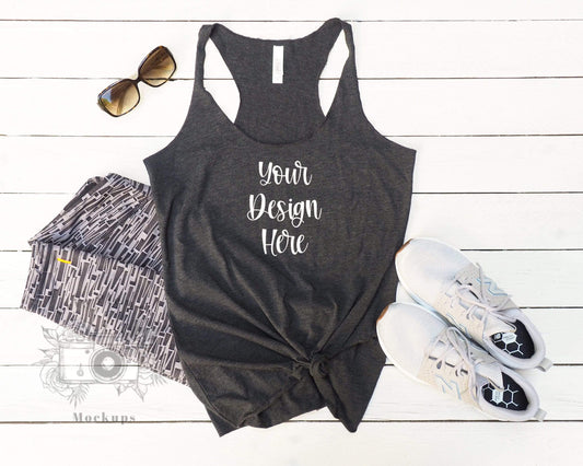 Erin Plewes Mockups Bella Canvas Tank Mockup, Bella Canvas Charcoal Gray 8430 T Shirt Mockup, Workout Flat Lay Mock Up, Digital Download Jpeg