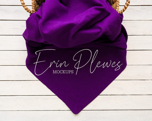 Erin Plewes Mockups Blanket Mock Up, Gildan Purple Blanket Mockup in a Basket, Sweatshirt Blanket Lifestyle Stock Photo, Flat Lay Template Jpeg