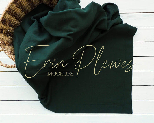 Erin Plewes Mockups Blanket Mock Up, Green Gildan Blanket Mockup with Basket, Fleece Blanket Mock-up, Styled Stock Photo Instant Digital Download