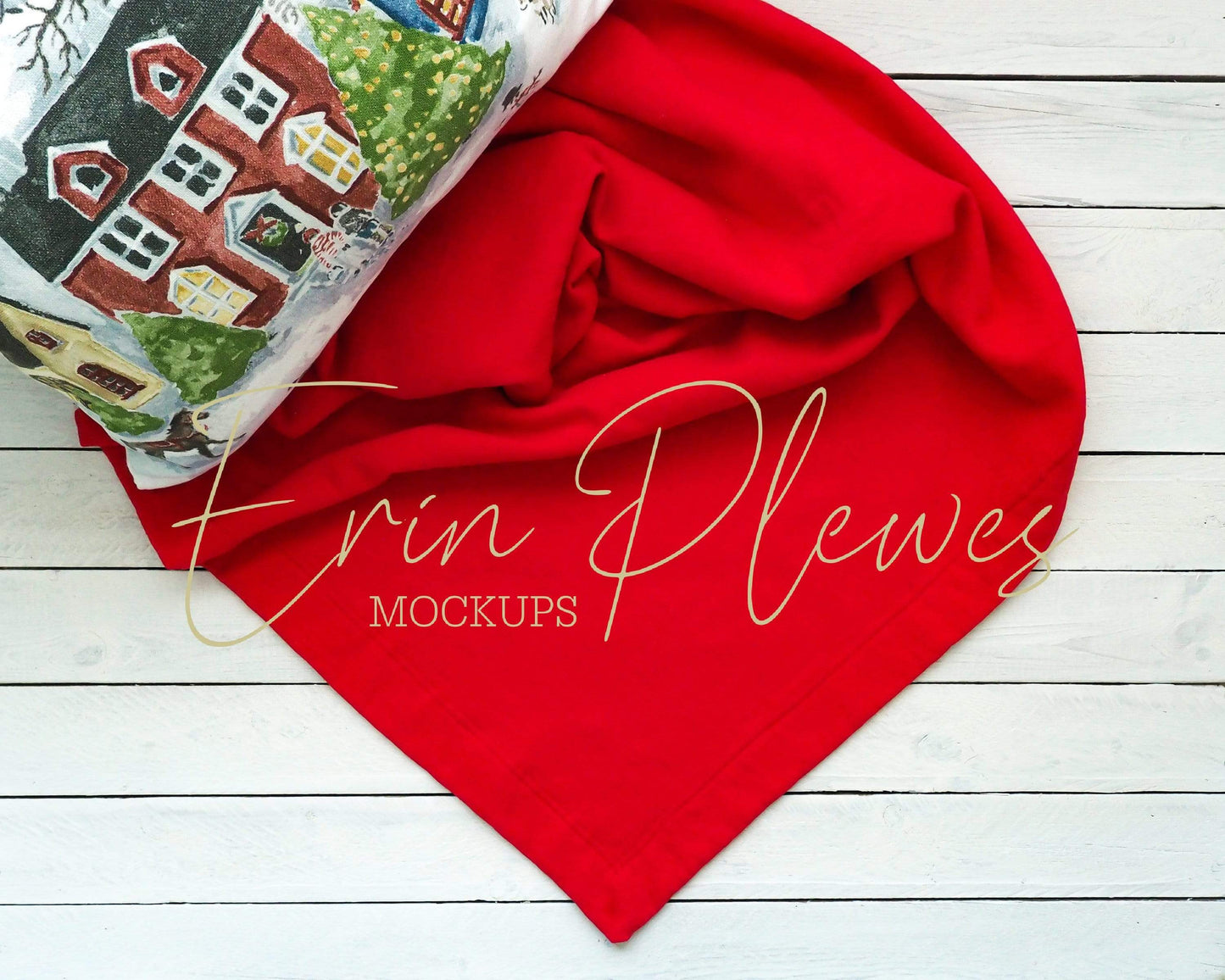 Erin Plewes Mockups Blanket Mock Up, Red Blanket Mockup with Christmas Pillow, Gildan Stadium Blanket Template, Red Blanket Flat Lay Jpeg