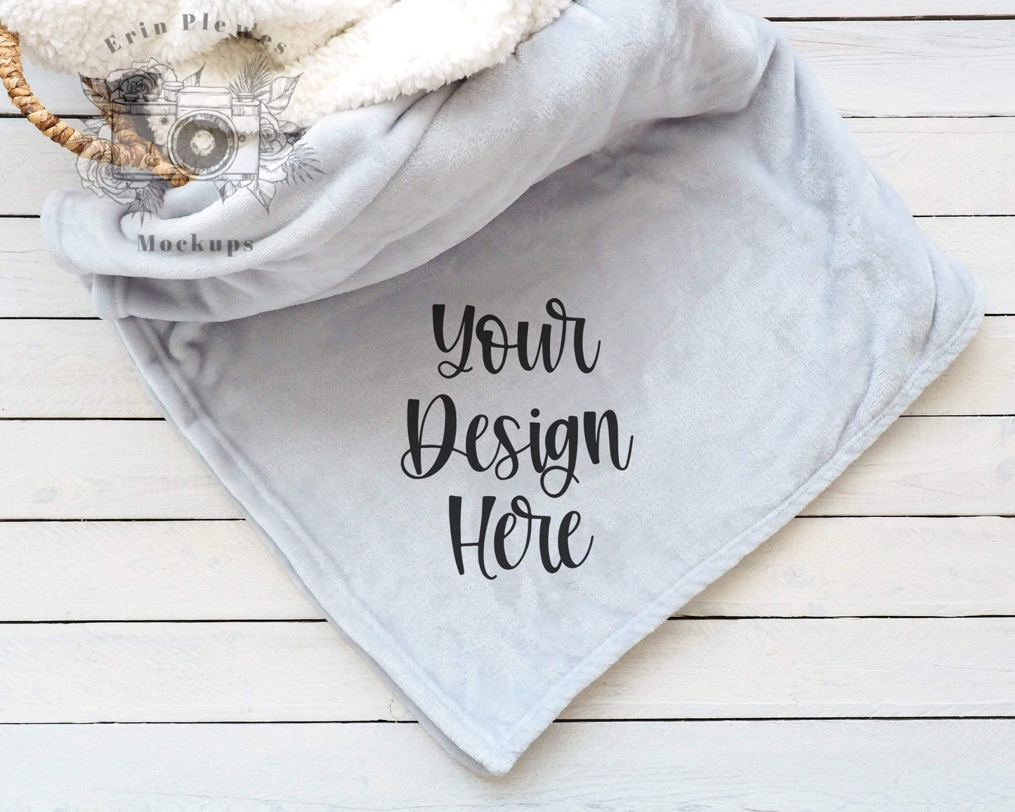 Erin Plewes Mockups Blanket Mock Up, Silver Fleece Blanket Mockup in a Basket for Lifestyle Stock Photo, Minky Blanket Mock Up, Instant Digital Download Jpeg