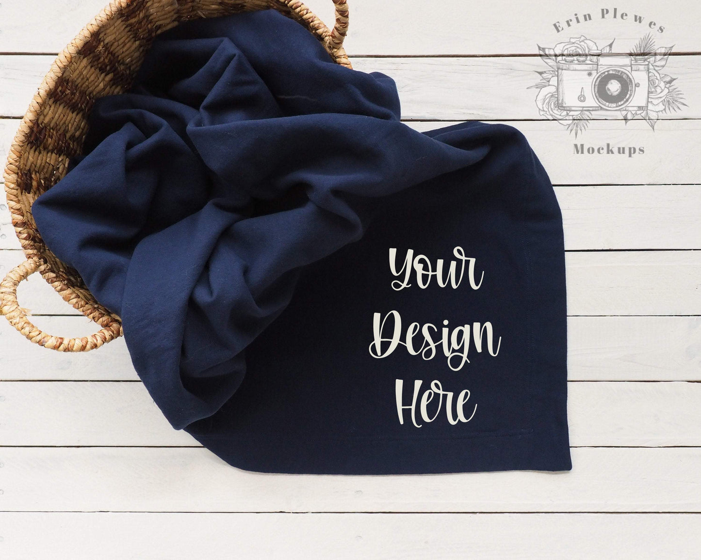 Erin Plewes Mockups Blanket Mockup, Gildan Fleece Blanket Mock Up in a Basket, Navy Blanket Flatlay, Stadium Blanket Mock-up Template