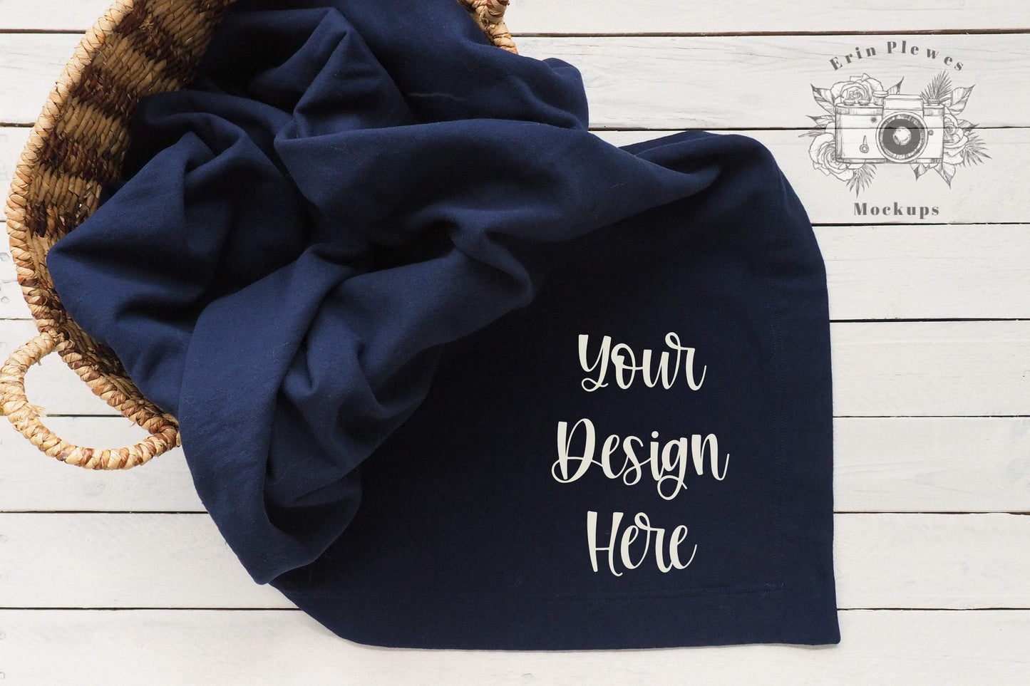 Erin Plewes Mockups Blanket Mockup, Gildan Fleece Blanket Mock Up in a Basket, Navy Blanket Flatlay, Stadium Blanket Mock-up Template