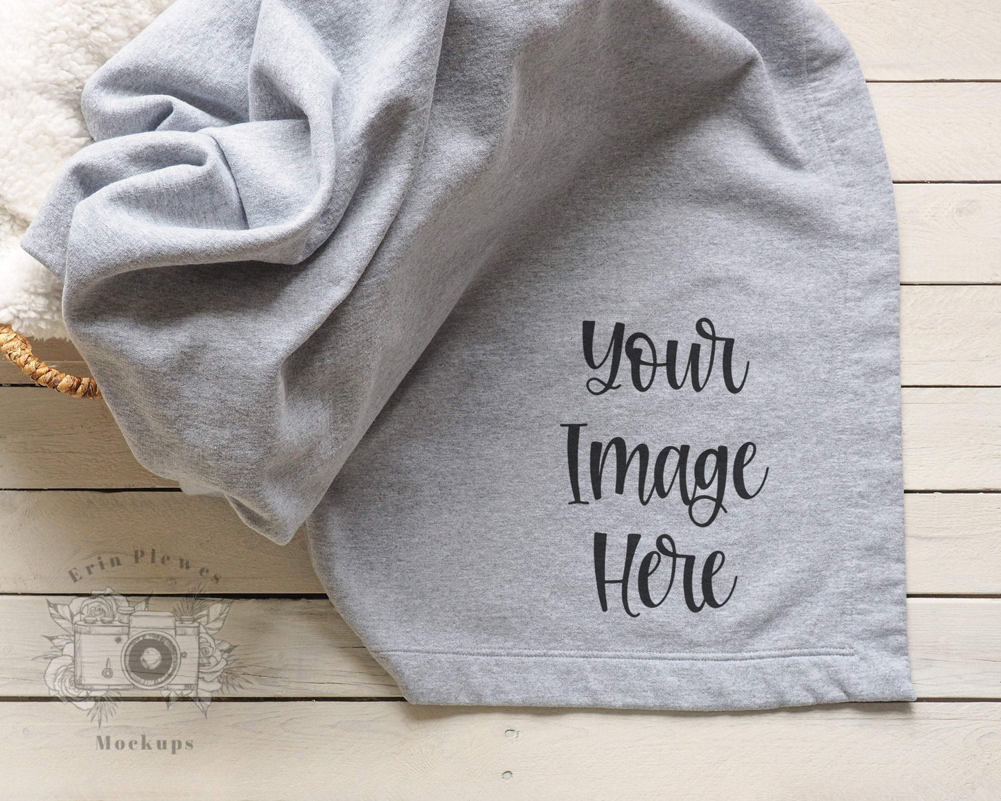 Erin Plewes Mockups Blanket Mockup, Gildan fleece blanket mockup in a basket for lifestyle stock photography, Stadium blanket mock up template