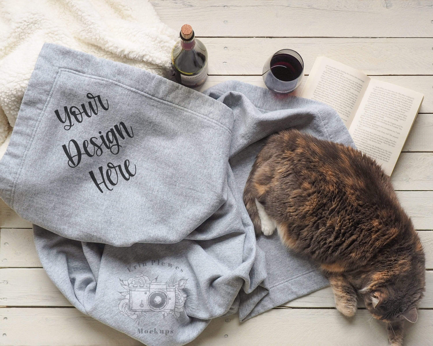 Erin Plewes Mockups Blanket Mockup, Gildan Stadium blanket mockup with cat for lifestyle stock photography, Grey blanket mock up jpeg digital download