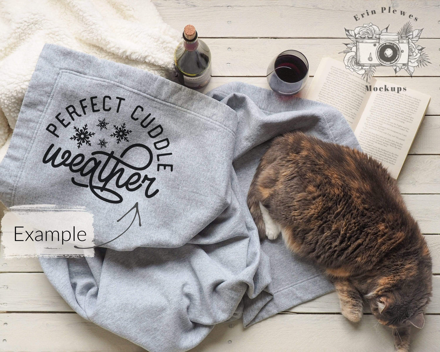 Erin Plewes Mockups Blanket Mockup, Gildan Stadium blanket mockup with cat for lifestyle stock photography, Grey blanket mock up jpeg digital download