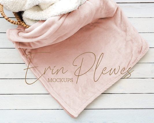 Erin Plewes Mockups Blanket Mockup Pink, Minky Blanket Mock Up in a Basket for Lifestyle Stock Photo, Fleece Blanket Mock-up, Instant Download Jpeg