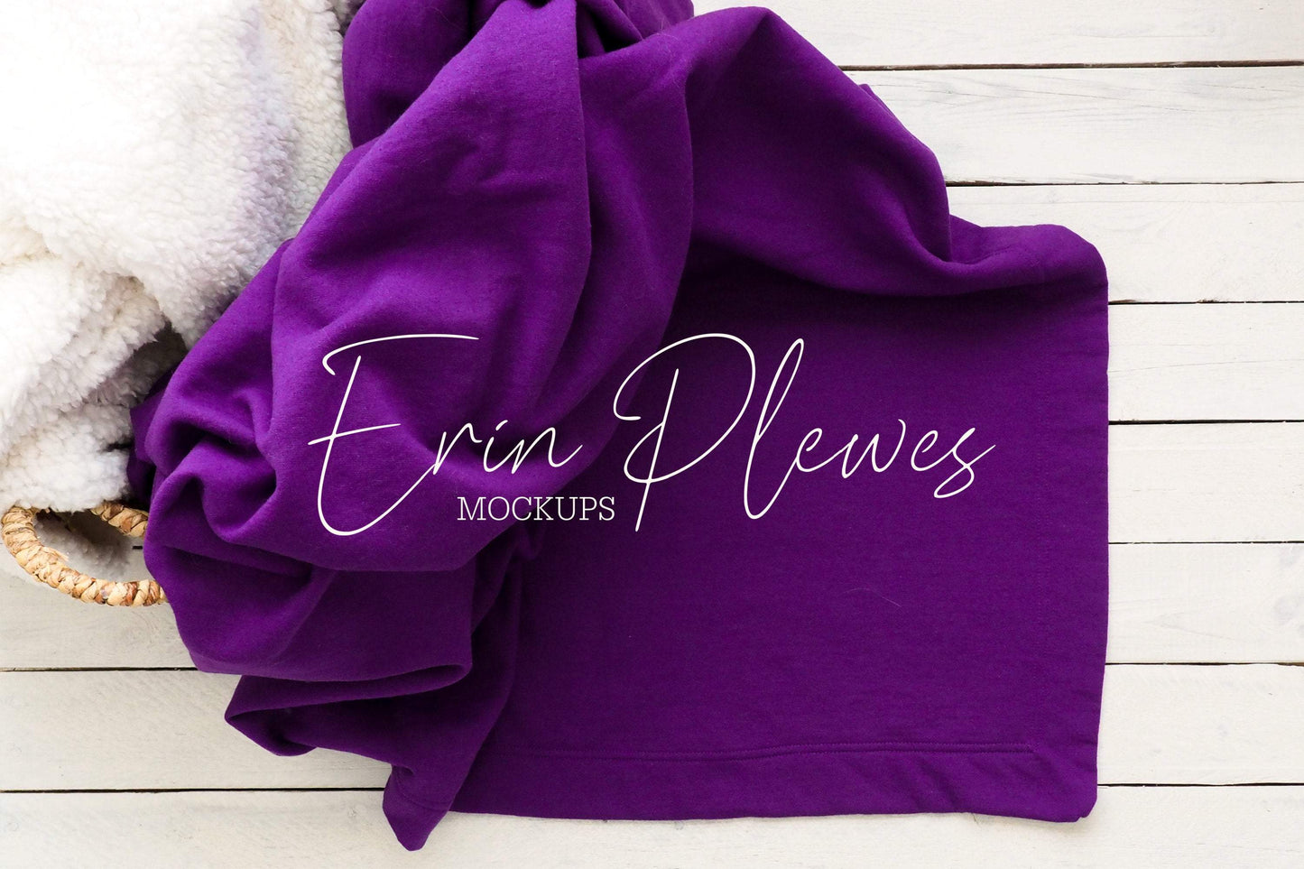 Erin Plewes Mockups Blanket Mockup Purple, Fleece blanket mock up in a basket for lifestyle stock photography, Gildan sweatshirt blanket mock-up template