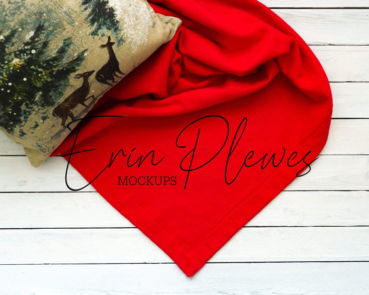 Erin Plewes Mockups Blanket Mockup, Red Gildan blanket mockup with winter pillow, Christmas stock photo, Red blanket mock up instant digital download