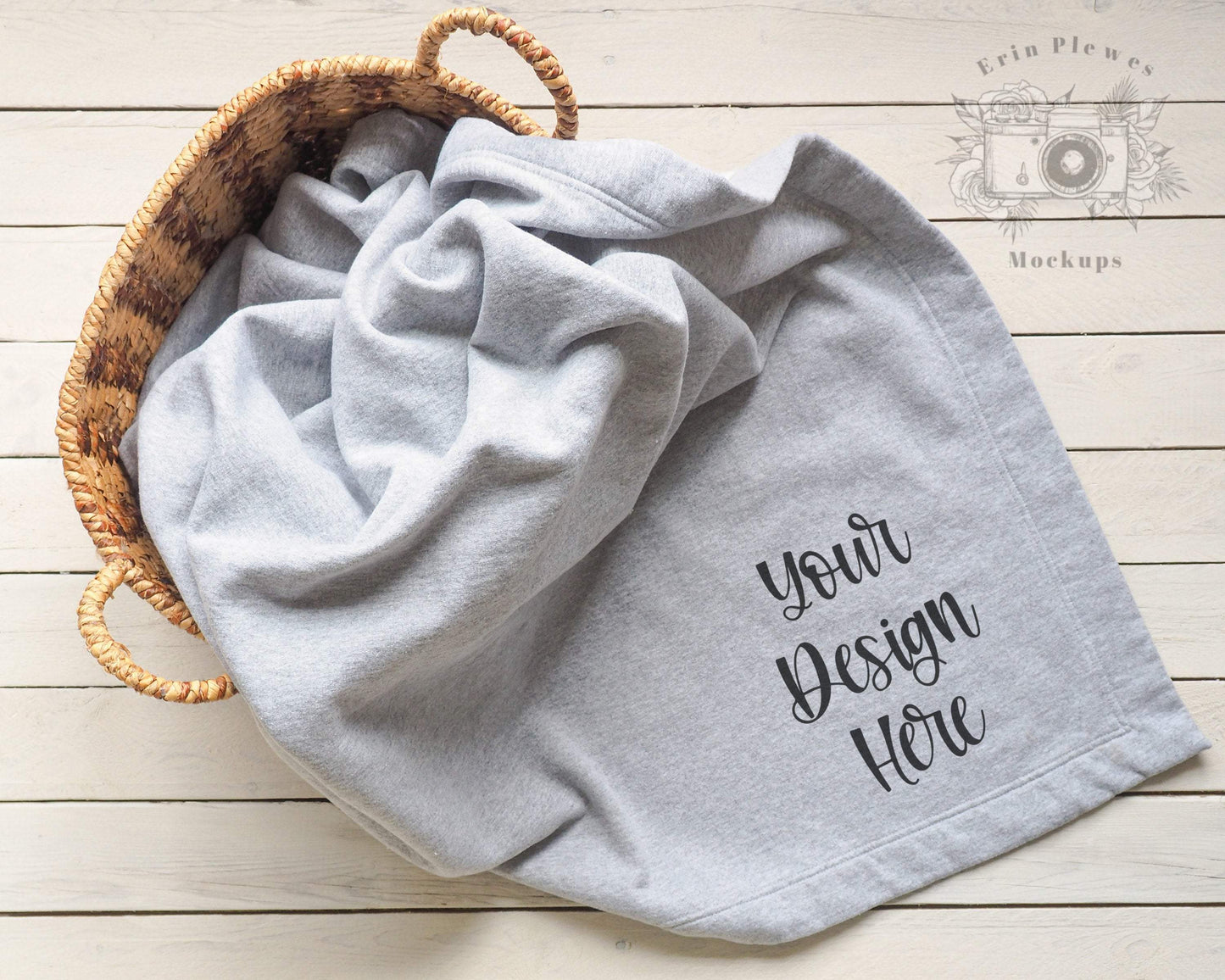 Erin Plewes Mockups Blanket Mockup, Stadium blanket mockup in a basket for lifestyle stock photo, Throw Blanket Mock-up, Blanket Template Mock Up