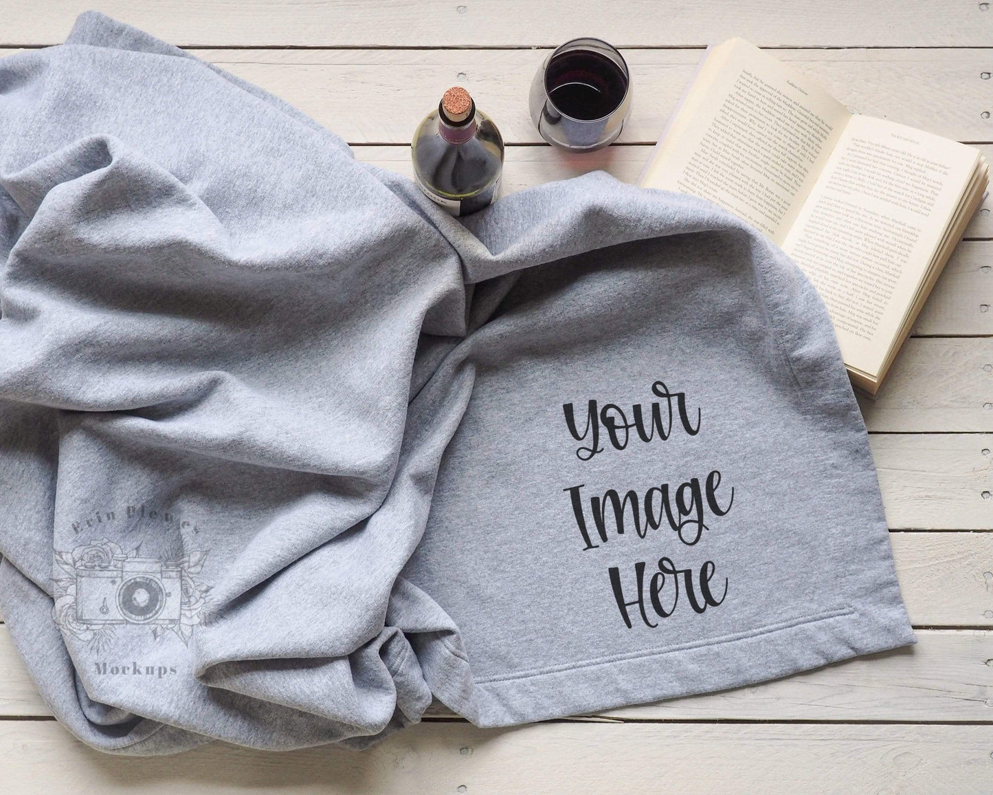Erin Plewes Mockups Blanket Mockup, Stadium blanket mockup with wine and book for lifestyle stock photography, Gray blanket mock up digital download jpeg